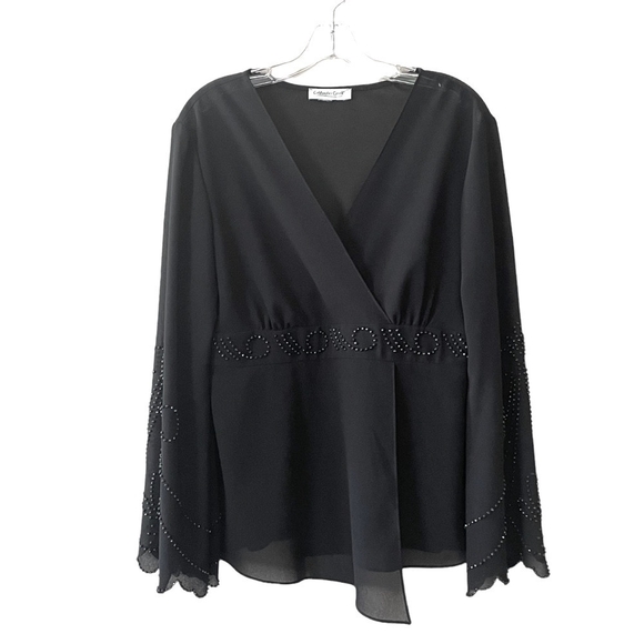 COLDWATER CREEK Black Chiffon Blouse Women’s V-Neck Long Sleeve Embellished Top - Picture 7 of 8
